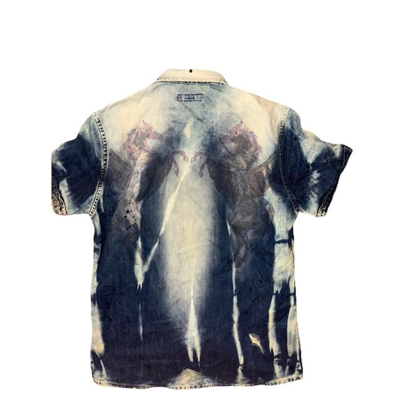 Men’s Akoo Acid Wash Denim Short Sleeve Shirt Embroidered Size L - Picture 2 of 5